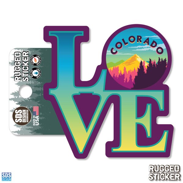 Colorful rugged sticker spelling “LOVE” with a scenic mountain landscape inside the “O” and “Colorado” text across the top.